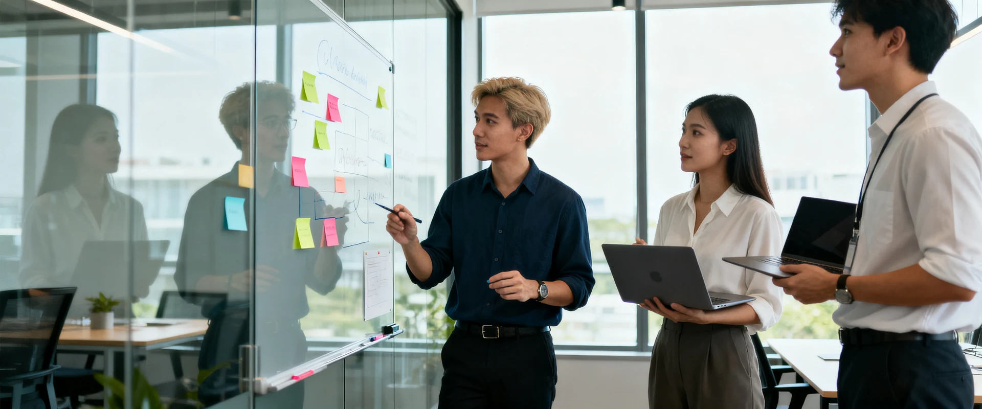 Equipe corporativa diversa colaborando em projeto inovador de startup em escritório moderno, com profissionais em brainstorming usando quadro branco, post-its e laptops. Fotografia editorial ultra-realista capturando momento autêntico de inovação no ambiente de trabalho.