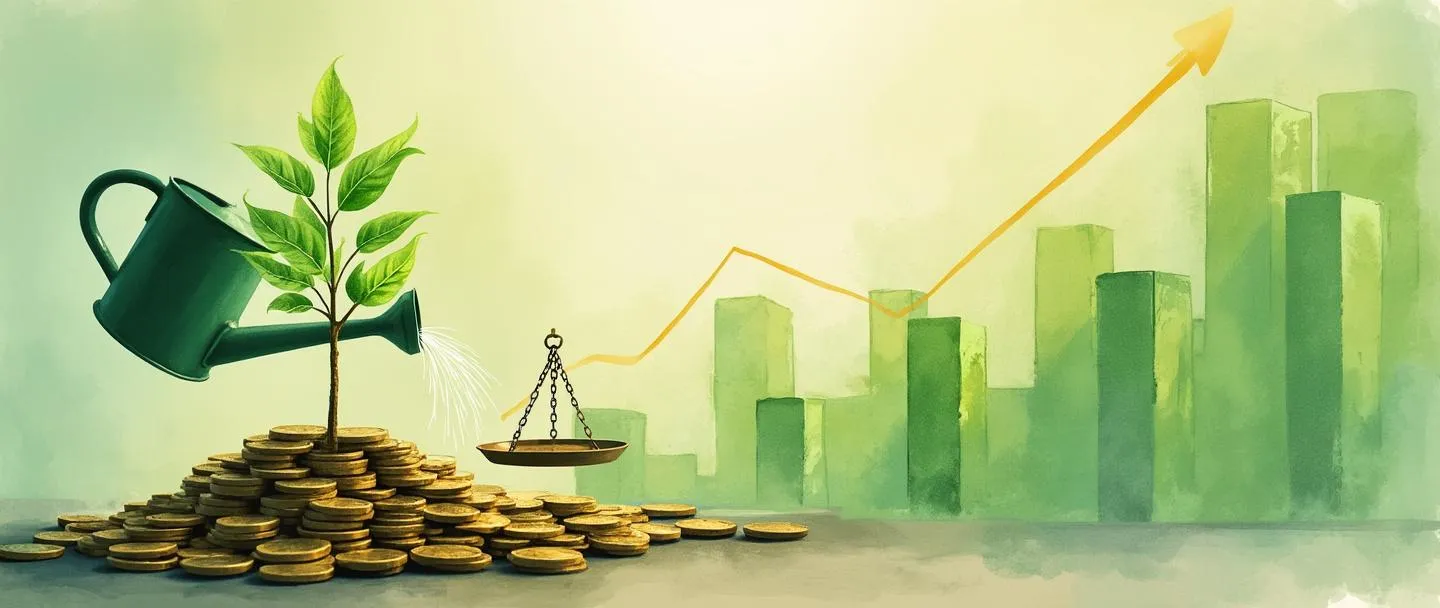 Uma pintura digital em aquarela de uma pequena árvore crescendo a partir de uma pilha de moedas, com linhas de gráfico em tendência ascendente no fundo. Um regador derrama energia verde sustentável sobre a árvore, enquanto uma balança equilibrada está próxima. Composição simples, tons terrosos de verde e dourado, representando crescimento financeiro sustentável.