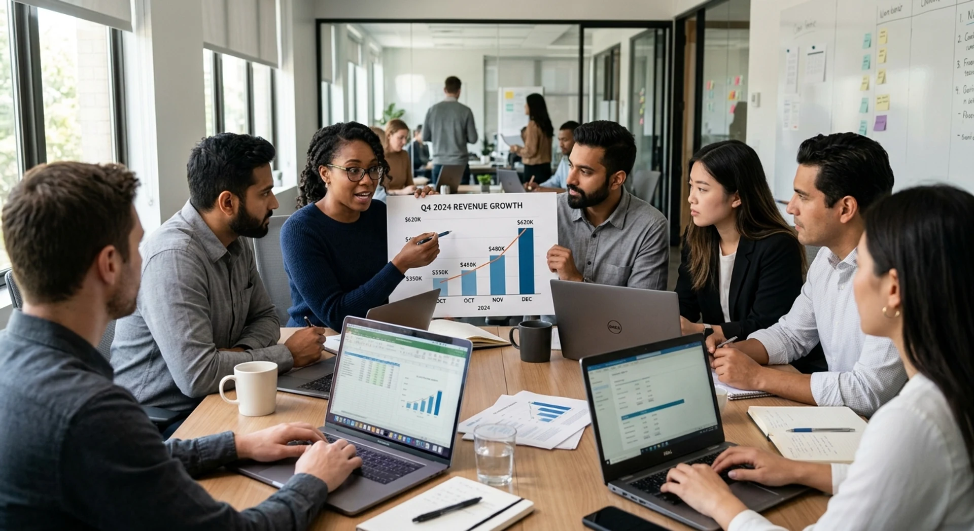 Equipe diversa de startup colaborando em mesa de conferência com laptops e gráficos financeiros mostrando crescimento de receita, fotografia editorial ultra-realista com luz natural e detalhes nítidos.