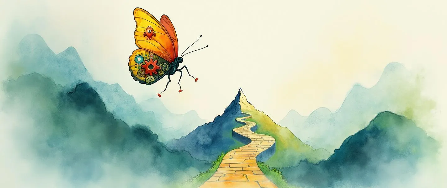 Uma pintura digital em aquarela de uma borboleta emergindo de um casulo, com uma asa mostrando engrenagens e a outra asa mostrando um foguete. Abaixo, um caminho sinuoso se transforma de quadrados rígidos em curvas fluidas, levando ao cume de uma montanha. Composição simples com vibrantes tons de azul e verde, transmitindo transformação e agilidade.