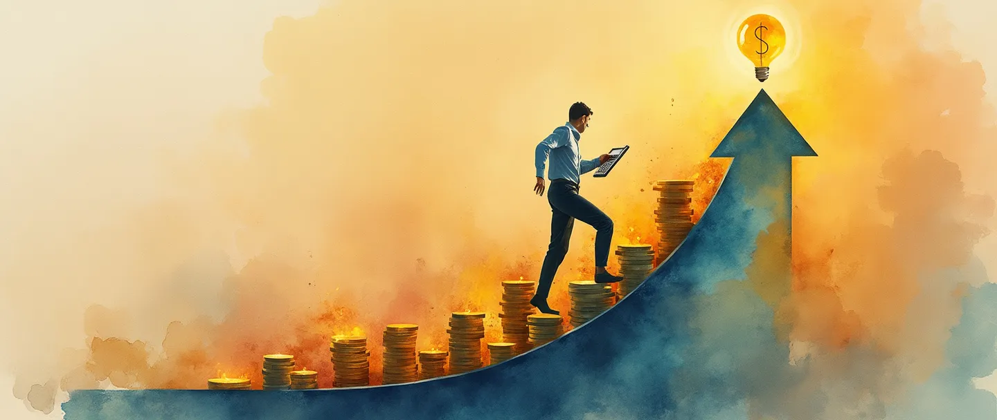 Uma pintura digital em aquarela de uma pessoa de negócios escalando um gráfico de lucros ascendente com uma calculadora na mão, enquanto moedas douradas cascateiam para cima ao longo da curva. Uma pequena lâmpada brilha acima, iluminando um alvo com um cifrão no centro. Composição simples, cores quentes, tema de otimização financeira.