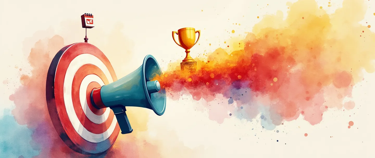 Uma pintura digital em aquarela de um megafone emitindo ondas coloridas em direção a um alvo com um troféu no centro. Um pequeno gráfico sobe nas proximidades, com um calendário simples e um símbolo de aperto de mãos abaixo. Vibrante mas simples, conceito de campanha promocional, cores quentes.