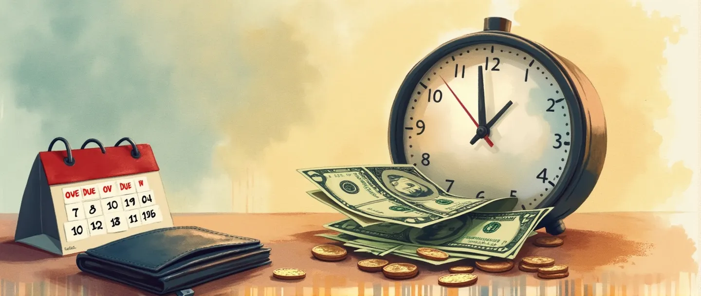 Uma pintura digital em aquarela de um relógio com notas de dinheiro presas em seus ponteiros, mostrando pagamento atrasado. Um pequeno calendário com datas vencidas marcadas em vermelho está próximo. Uma carteira está levemente aberta, revelando moedas caindo. Composição simples com cores quentes transmitindo o conceito de cobrança de juros por pagamentos atrasados.