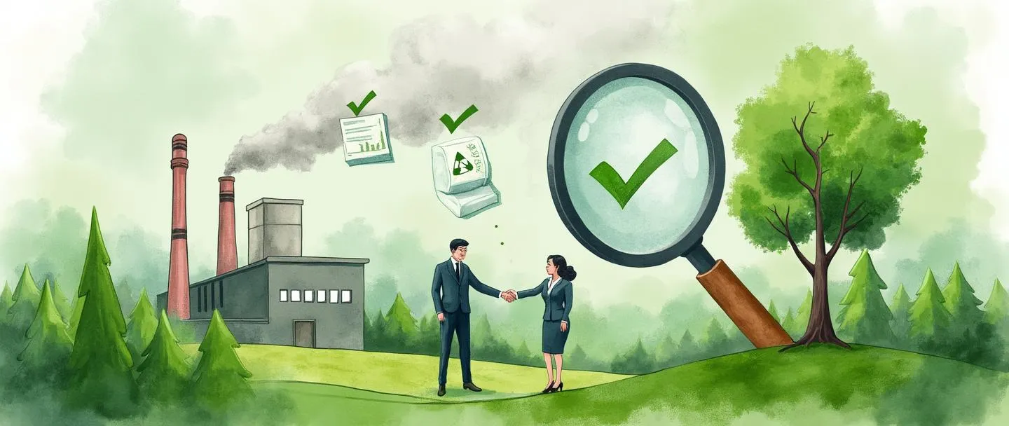 Uma pintura digital em aquarela de uma lupa examinando uma paisagem verde exuberante com uma fábrica ao fundo. Documentos ambientais com marcas de verificação flutuam nas proximidades, enquanto um aperto de mão conecta uma pessoa de negócios com uma árvore. Composição simples com tons terrosos, transmitindo avaliação ambiental e responsabilidade corporativa.