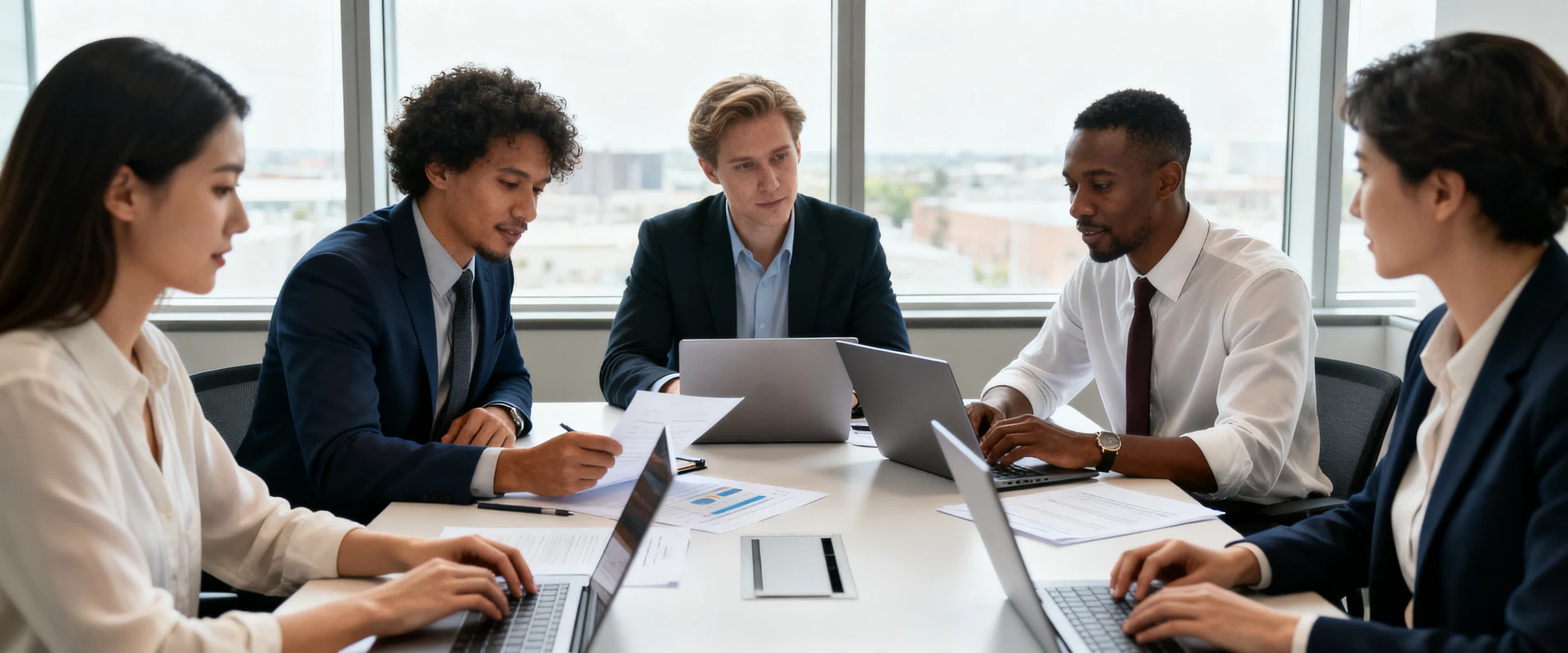 Equipe profissional diversificada colaborando em reunião de negócios ao redor de mesa de conferência moderna com laptops e documentos, fotografia editorial ultra-realista com luz natural e foco nítido.