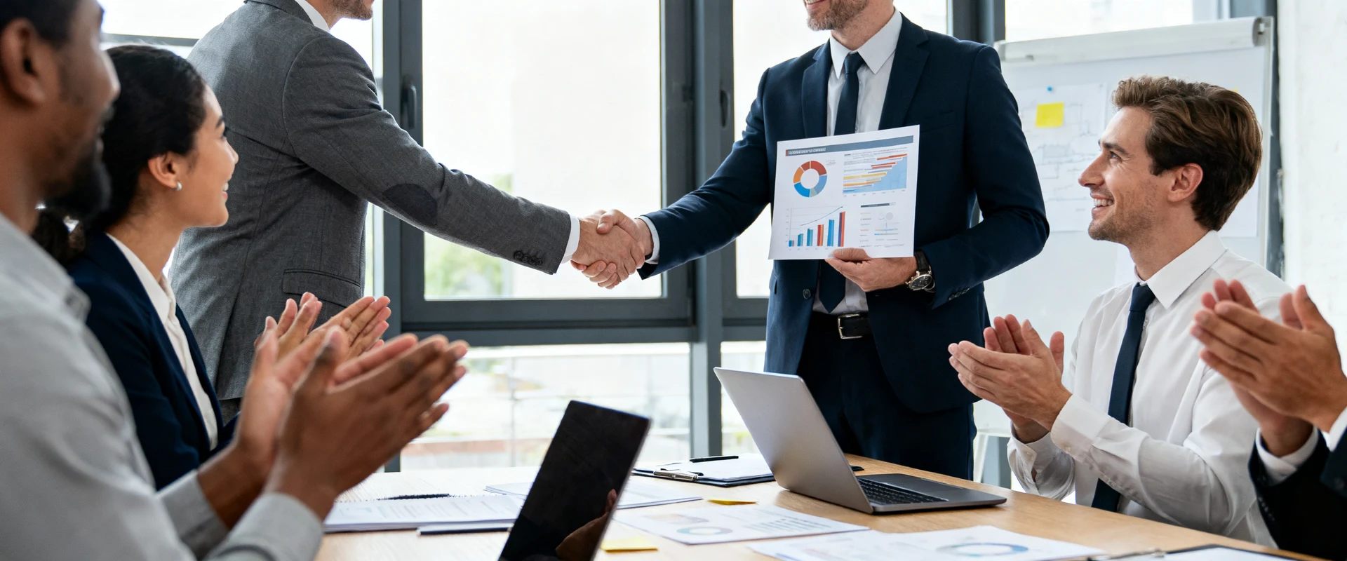 Equipe de negócios diversificada celebrando conquistas em escritório moderno, com gerente cumprimentando funcionário de destaque enquanto colegas aplaudem, fotografia corporativa autêntica e profissional em alta resolução.