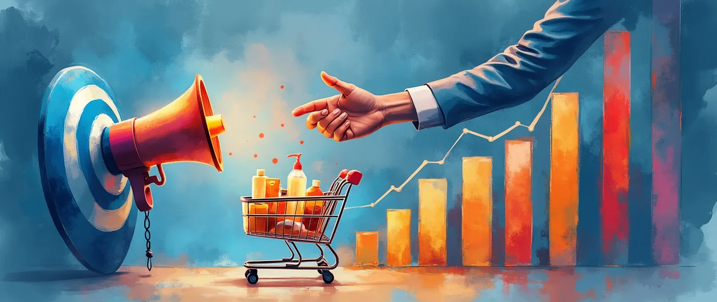 Uma pintura digital em aquarela de um megafone conectado a um alvo, com gráficos coloridos subindo ao fundo. Um aperto de mãos forma uma ponte entre o megafone e um carrinho de compras cheio de produtos brilhantes. Composição simples com vibrantes tons de azul e laranja, transmitindo comunicação de mercado e crescimento estratégico.