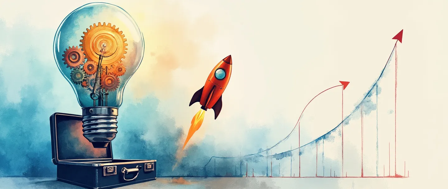 Uma pintura digital em aquarela de uma lâmpada com engrenagens dentro, conectada a um foguete lançando-se para cima a partir de uma maleta. Um alvo com uma flecha no centro flutua próximo, enquanto um gráfico simples em ascensão curva-se para cima no fundo. Azuis e laranjas vibrantes, estilo minimalista, conceito de negócios inovador.