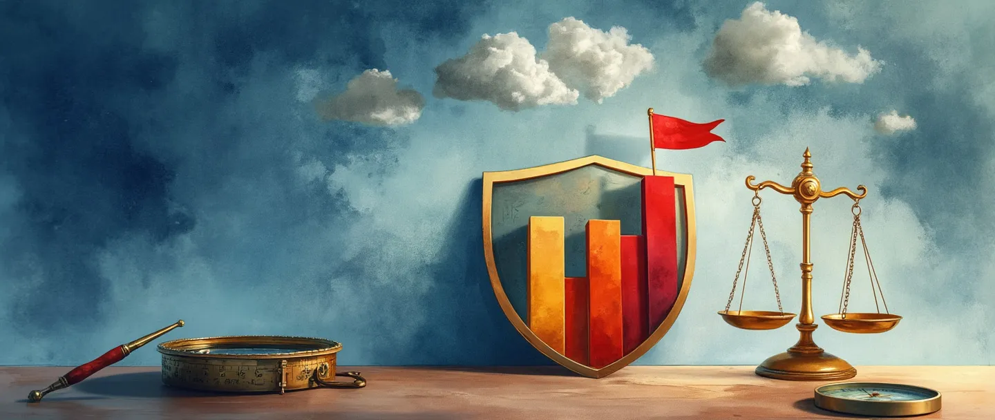 Uma pintura digital em aquarela de um escudo protegendo um gráfico de barras ascendente contra nuvens de tempestade. Uma bússola e uma balança estão próximas sobre uma mesa, com uma lupa examinando fatores de risco representados por pequenas bandeiras vermelhas. Composição simples com tons de azul e dourado transmitindo segurança e percepção analítica.