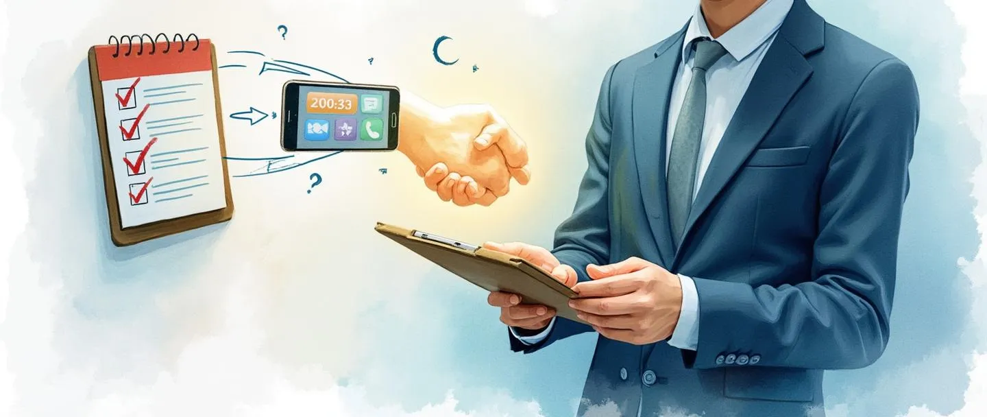 Uma pintura digital em aquarela de uma pessoa em traje de negócios marcando itens em uma prancheta, com um calendário mostrando datas sequenciais conectadas por setas. Um smartphone com ícones de notificação flutua próximo, e um símbolo de aperto de mãos brilha sutilmente acima, representando conexão e acompanhamento. Composição simples com tons suaves de azul e âmbar.