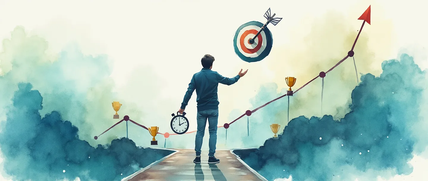 Uma pintura digital em aquarela de uma pessoa em pé em uma encruzilhada, segurando uma bússola em uma mão e um cronômetro na outra. À sua frente, há um gráfico com tendência ascendente com marcos representados por pequenos troféus. Um alvo com uma flecha no centro flutua acima, cercado por suaves respingos de aquarela em tons de azul e verde. Composição simples com simbolismo claro de planejamento de desempenho.