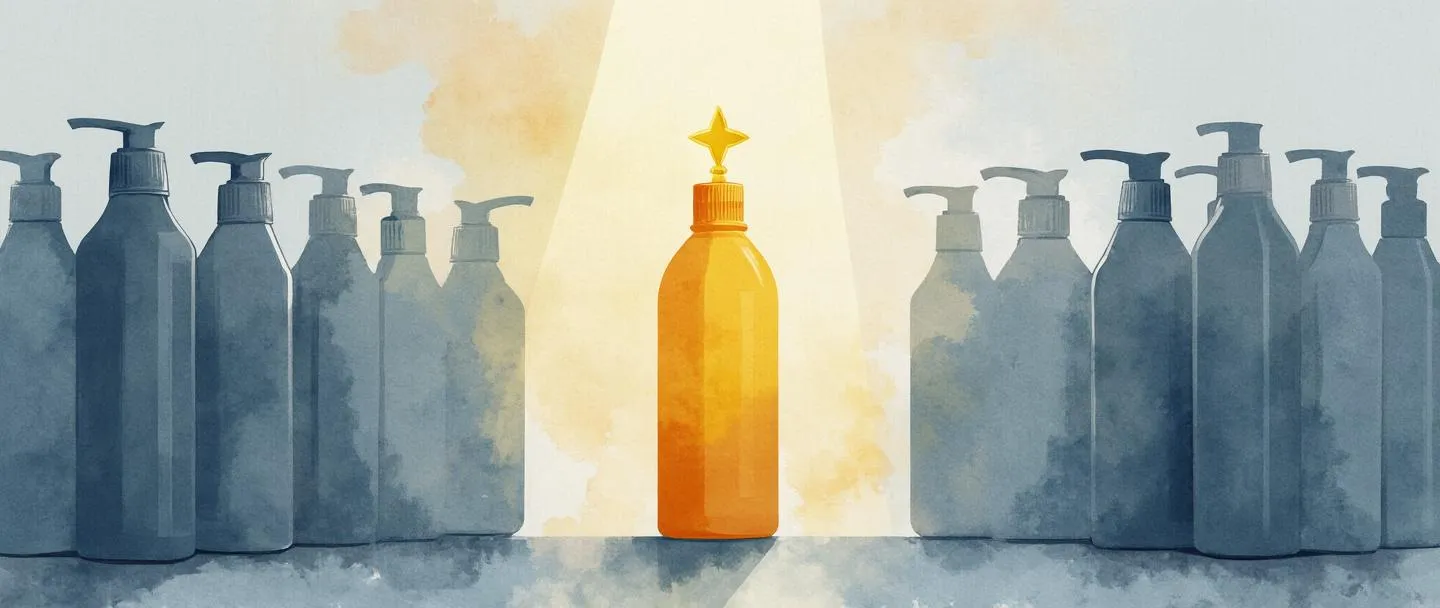 Uma pintura digital em aquarela de uma silhueta de produto que se destaca com uma estrela ou distintivo dourado anexado a ela, cercada por produtos cinzentos semelhantes. Um holofote brilha sobre o produto único, destacando suas características distintivas. Composição simples com elementos mínimos, focando no conceito de diferenciação de produto.