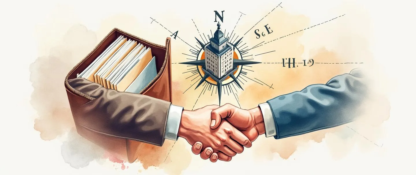 Uma pintura digital em aquarela de uma pasta de portfólio cheia de documentos de fornecedores organizados, com apertos de mão conectando-se a um edifício comercial central. Uma rosa dos ventos guia sutilmente as conexões, sugerindo uma seleção estratégica. Composição simples com cores profissionais e acolhedoras.