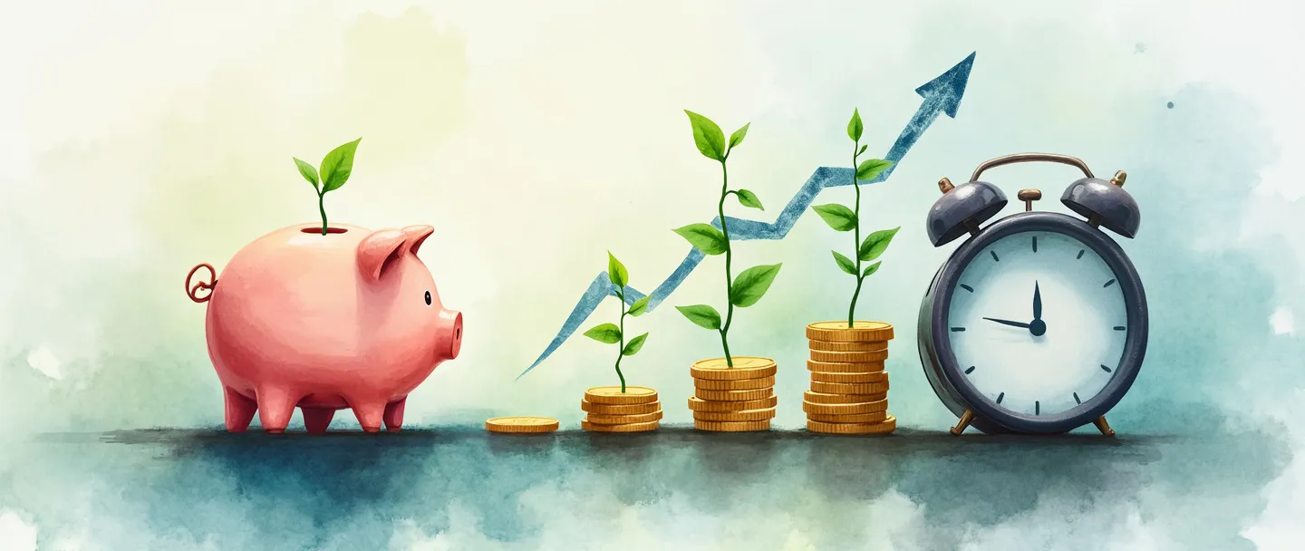 Uma pintura digital em aquarela de um cofre de porquinho com moedas crescendo como plantas ao seu redor, com um pequeno relógio ao fundo mostrando a passagem do tempo. Uma suave linha de gráfico ascendente conecta as moedas, ilustrando crescimento. Composição simples com tons suaves de azul e verde, transmitindo crescimento financeiro através de juros.