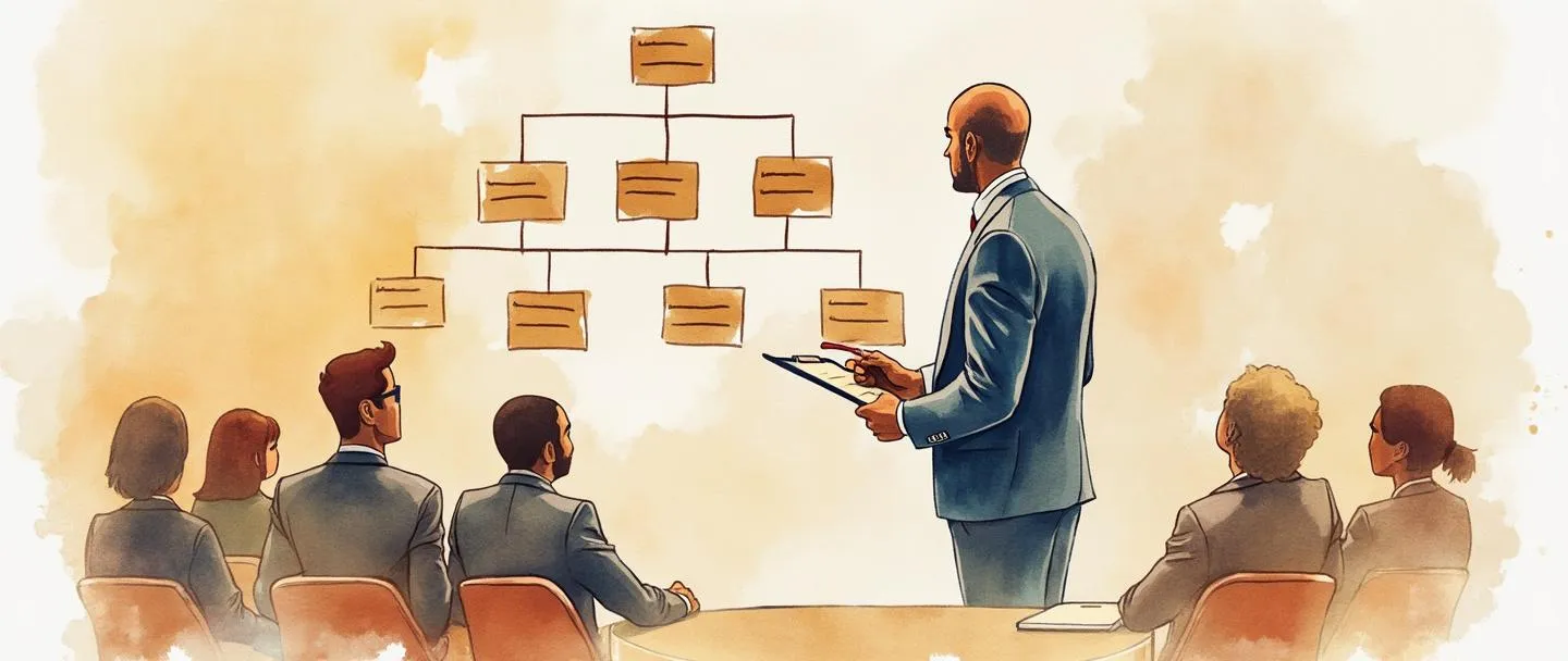 Uma pintura digital em aquarela de uma pessoa em trajes executivos em frente a um organograma, segurando uma prancheta e dirigindo uma pequena equipe. O gerente está posicionado em um nível intermediário do organograma, conectando a alta administração aos funcionários do departamento. Composição simples com cores profissionais e acolhedoras.