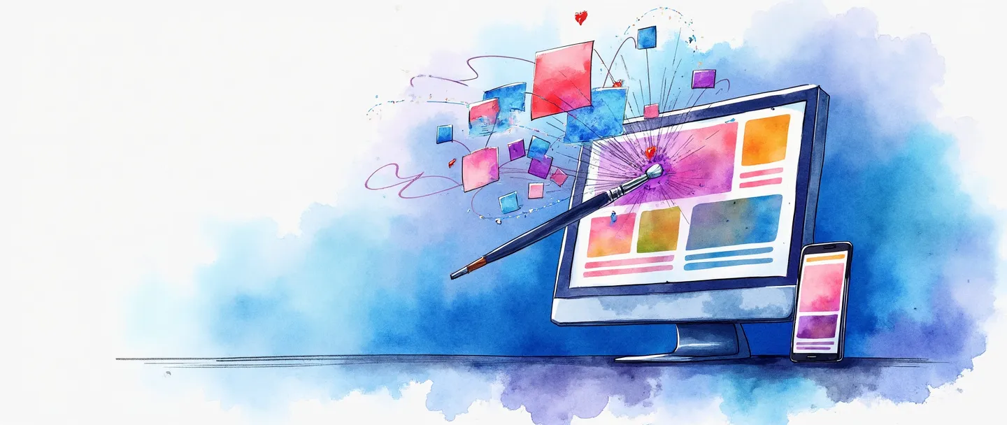 Uma pintura digital em aquarela de uma tela de computador exibindo blocos de conteúdo coloridos, com um pincel e uma caneta criando elementos digitais que flutuam da tela. Um smartphone exibe o mesmo conteúdo, conectado por fluxos de dados. Composição simples com vibrantes tons de azul e roxo, representando ferramentas de criação de conteúdo para web.