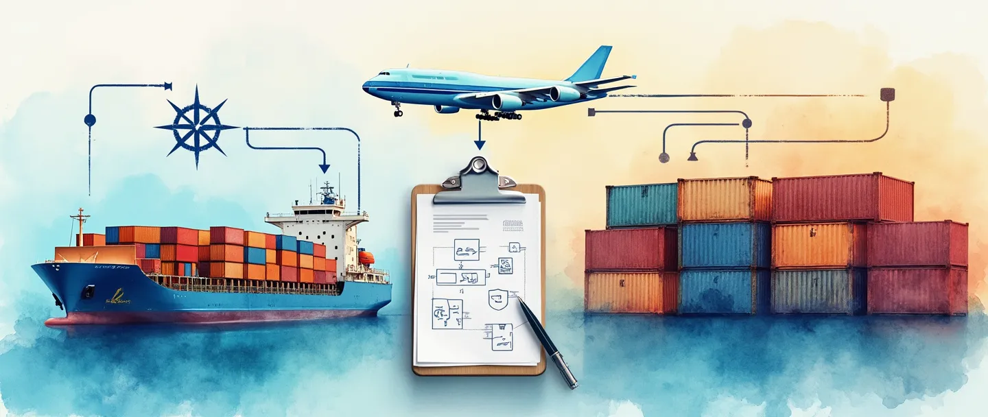 Uma pintura digital em aquarela de um navio cargueiro e um avião conectados por um diagrama de rede fluido, com uma rosa dos ventos guiando seu caminho. Uma prancheta com um fluxograma está ao lado de contêineres de transporte organizados em um padrão ordenado. Composição simples com tons vibrantes de azul e laranjas quentes, transmitindo eficiência no planejamento logístico.