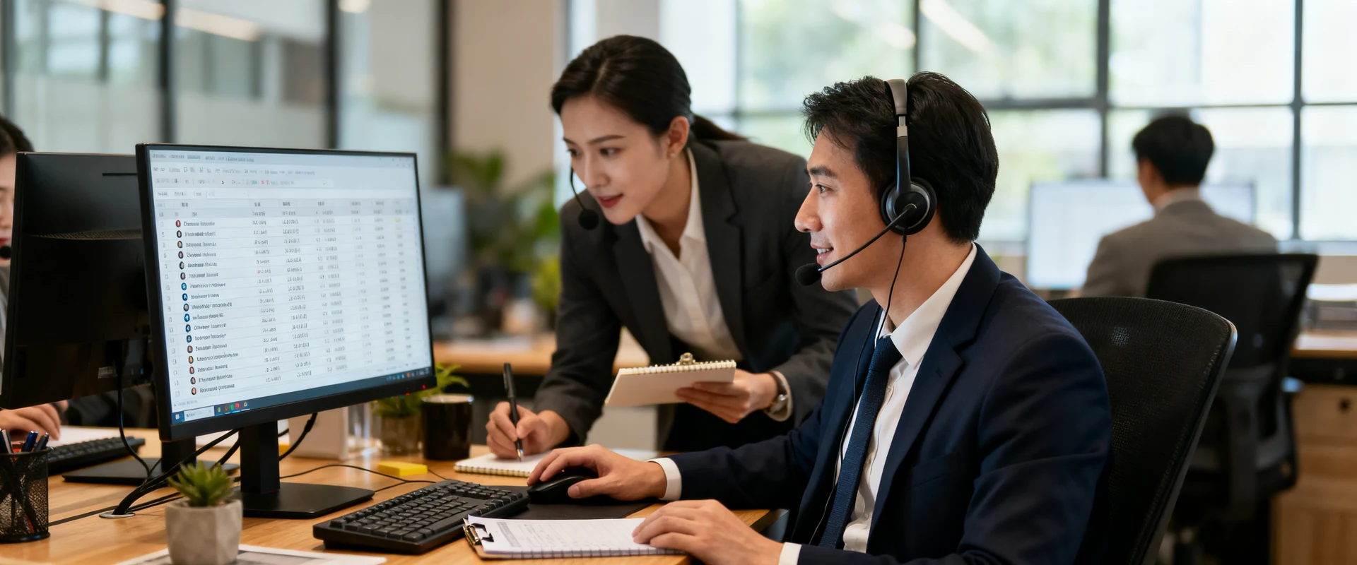 Outbound Marketing: o que é, como funciona e como executar corretamente Equipe de vendas profissional em escritório moderno realizando ligações de prospecção, com foco em pessoa usando headset e computador mostrando listas de contatos. Fotografia editorial ultra-realista capturando momento autêntico de trabalho corporativo.