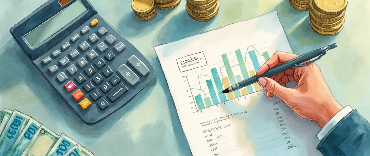 Uma pintura digital em aquarela de uma calculadora cercada por pilhas organizadas de moedas e notas. Uma mão segura uma caneta marcando itens em um gráfico financeiro que mostra custos operacionais. Composição simples com tons suaves de azul e verde, transmitindo planejamento e gestão financeira.