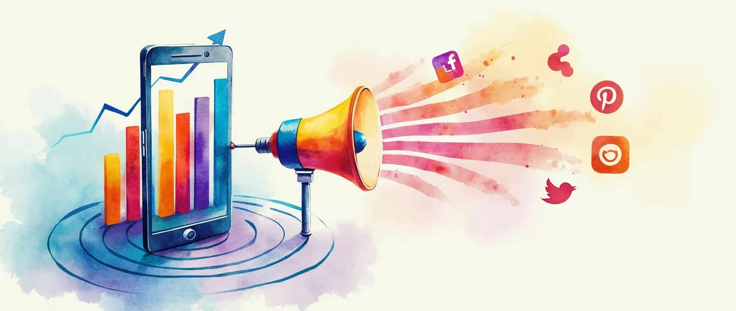 Uma pintura digital em aquarela de um smartphone exibindo gráficos de barras coloridos subindo para cima, conectados a um alvo com uma flecha acertando o centro. Um pequeno megafone emite ondas vibrantes que fluem em direção a ícones de mídias sociais. Composição simples com azuis e roxos brilhantes contra um fundo limpo.
