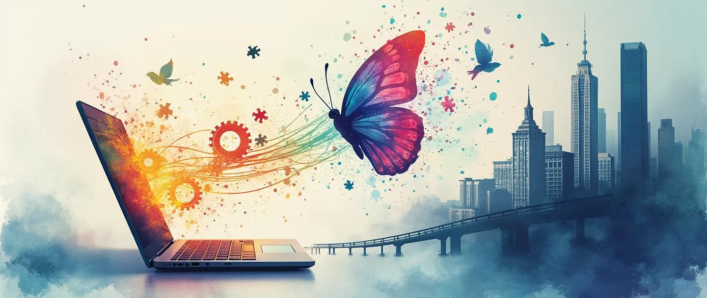 Uma pintura digital em aquarela mostrando um laptop se transformando em uma borboleta brilhante, com fluxos coloridos de código digital fluindo entre eles. Engrenagens e peças de quebra-cabeça flutuam nas proximidades, enquanto uma ponte simples conecta um antigo prédio de escritórios a um arranha-céu moderno. Vibrante, porém simples, capturando a essência da transformação digital.