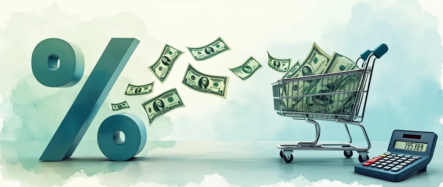 Uma pintura digital em aquarela de um símbolo de porcentagem com notas de dólar fluindo através dele, conectando-se a um carrinho de compras com uma etiqueta de preço com desconto. Uma calculadora está próxima com números sendo calculados. Composição simples com tons suaves de azul e verde, transmitindo o conceito de taxa de desconto em finanças.