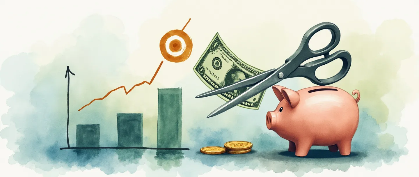 Uma pintura digital em aquarela de uma tesoura cortando uma nota de dólar, com moedas caindo em um cofre de porquinho. Um gráfico com tendência descendente aparece no fundo com um símbolo de alvo sobreposto em seu ponto mais baixo. Composição simples, tons suaves de azul e verde com detalhes dourados, transmitindo objetivos de redução de custos.
