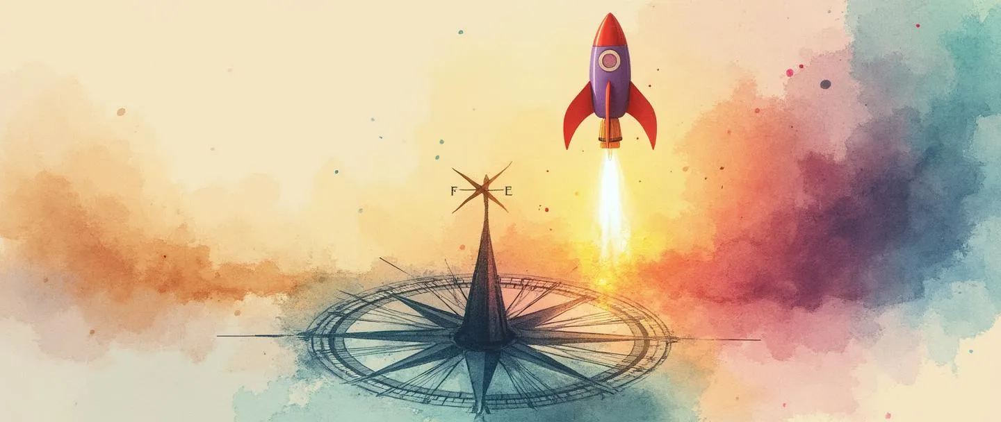 Uma pintura digital em aquarela de uma bússola de negócios pivotando de uma direção para outra, com um pequeno foguete lançando do ponto de pivô. Um caminho desbotado leva a um alvo riscado, enquanto um novo caminho vibrante leva a uma oportunidade brilhante. Composição simples, cores quentes, elementos mínimos, tema claro de transformação.