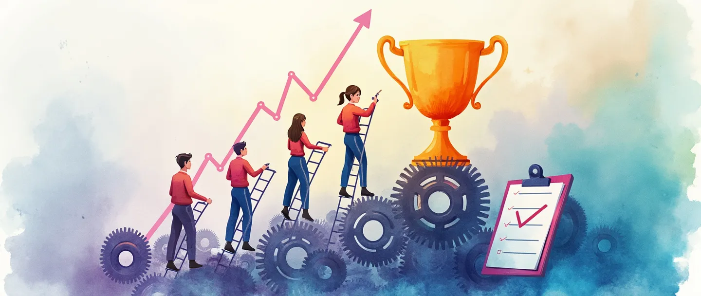 Uma pintura digital em aquarela de uma equipe subindo uma escada em direção a um troféu, com linhas de gráfico ascendentes ao fundo. Engrenagens interconectadas abaixo, apoiando a subida deles. Uma prancheta com uma marca de verificação está próxima. Composição simples, cores vibrantes, atmosfera profissional.