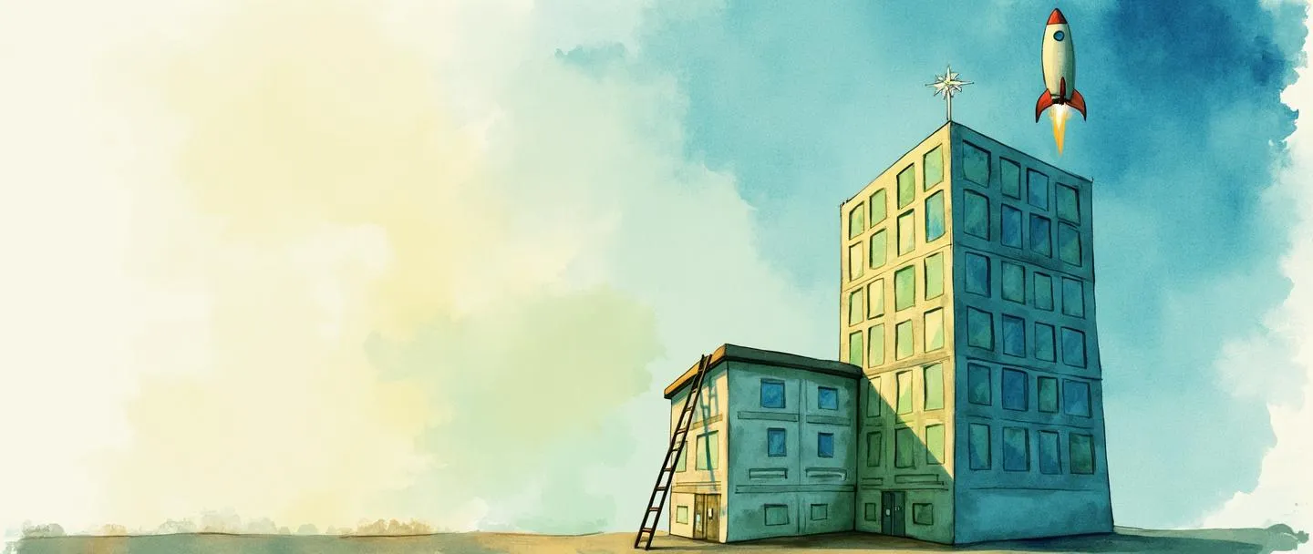 Uma pintura digital em aquarela de um pequeno prédio de escritórios se transformando em um arranha-céu, com uma escada conectando-os. Uma bússola aponta para cima enquanto um foguete é lançado do edifício. Composição simples com vibrantes tons de azul e verde, capturando a essência do crescimento e expansão dos negócios.