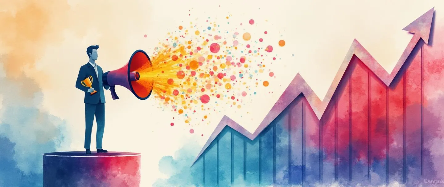 Uma pintura digital em aquarela de uma pessoa em pé em um pódio segurando um troféu, cercada por holofotes. Um megafone emite ondas coloridas representando visibilidade, enquanto um gráfico ascendente se eleva ao lado dela. Composição simples com cores vibrantes transmitindo reconhecimento de mercado e sucesso.
