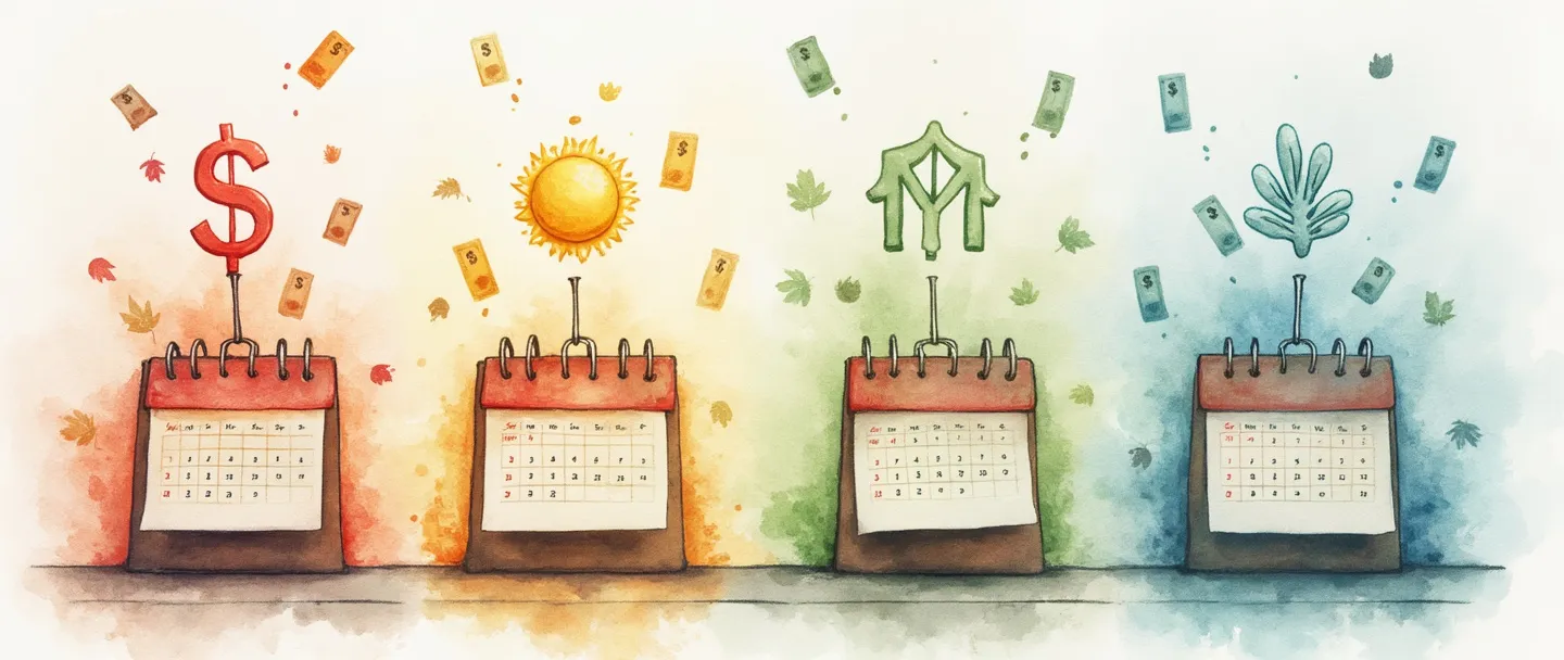 Uma pintura digital em aquarela de um calendário com etiquetas de preço que mudam em cada estação. Um gráfico simples mostrando ondas de preços subindo e descendo através de símbolos de primavera, verão, outono e inverno. Símbolos de dinheiro flutuam acima, ilustrando como os preços flutuam ciclicamente ao longo do ano. Composição limpa com cores vibrantes de cada estação.