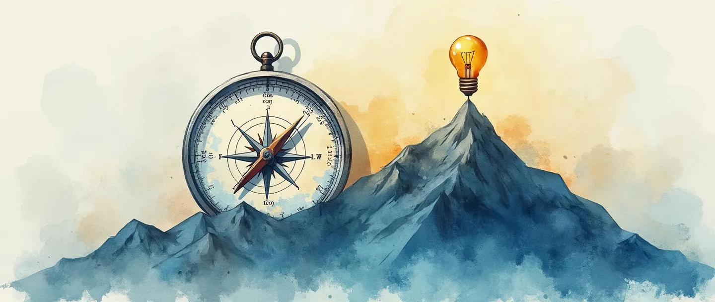 Uma pintura digital em aquarela de uma bússola apontando para um pico de montanha com um alvo no topo. Um mapa estratégico se desdobra abaixo dela, com uma lâmpada iluminando caminhos importantes. Composição simples com pinceladas propositais, usando azuis e dourados para transmitir sabedoria e direção.