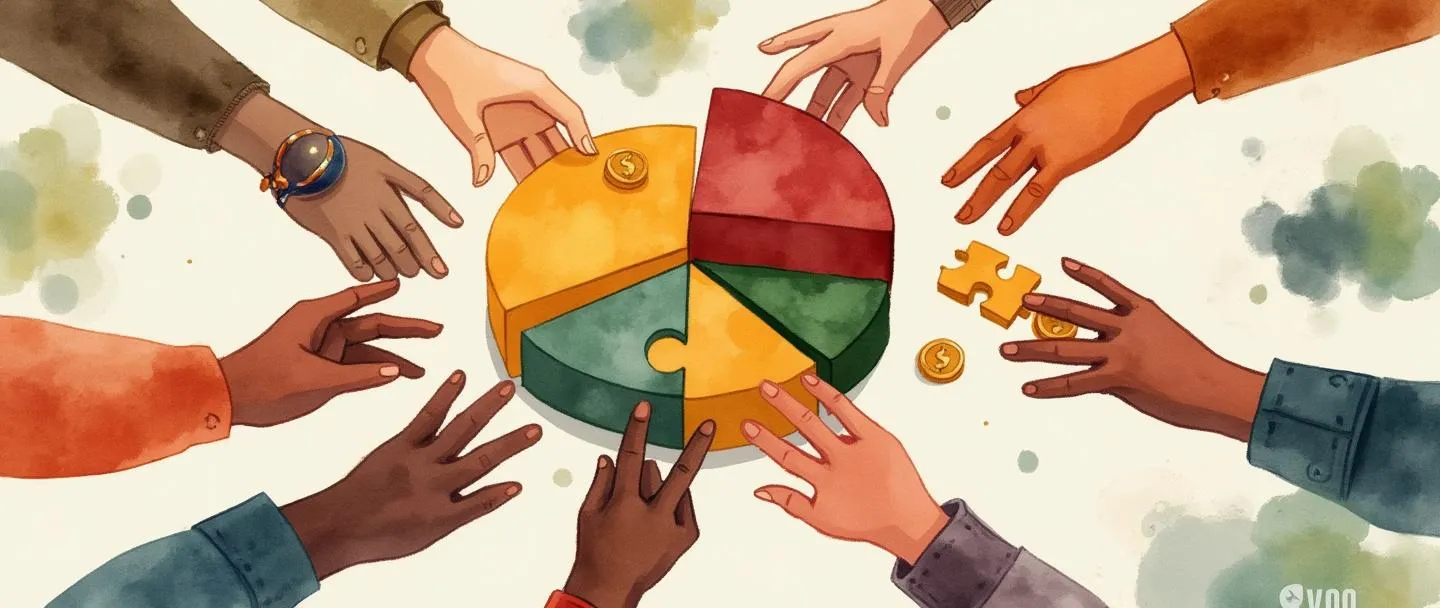 Uma pintura digital em aquarela de mãos diversas colaborando na construção de um gráfico de pizza de orçamento, com moedas e peças de quebra-cabeça conectando-se entre as mãos. Composição simples com cores quentes, transmitindo trabalho em equipe e planejamento financeiro de forma acessível.
