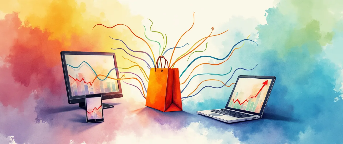 Uma pintura digital em aquarela de dispositivos interconectados (smartphone, computador, tablet) ligados por fitas de arco-íris fluidas a uma sacola de compras central. Múltiplos canais convergem em uma jornada do cliente unificada, com um gráfico sutil em tendência ascendente no fundo. Composição simples com cores vibrantes destacando o valor da estratégia omnichannel perfeita.