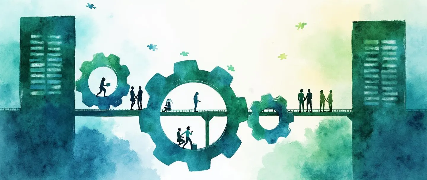 Uma pintura digital em aquarela de engrenagens interconectadas de diferentes tamanhos funcionando juntas, com peças de quebra-cabeça ligando-as. Dois edifícios de escritórios conectados por uma ponte com pessoas atravessando entre eles. Composição simples com vibrantes tons de azul e verde, representando a interdependência organizacional.