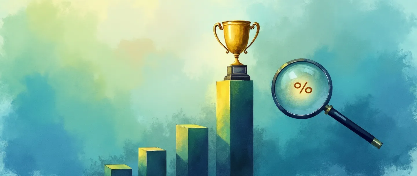 Uma pintura digital em aquarela de um gráfico de barras ascendente com um troféu no seu pico. Uma lupa paira sobre a barra mais alta, revelando um símbolo de porcentagem brilhante. Composição simples com gradientes de azuis e verdes, transmitindo medição e conquista.
