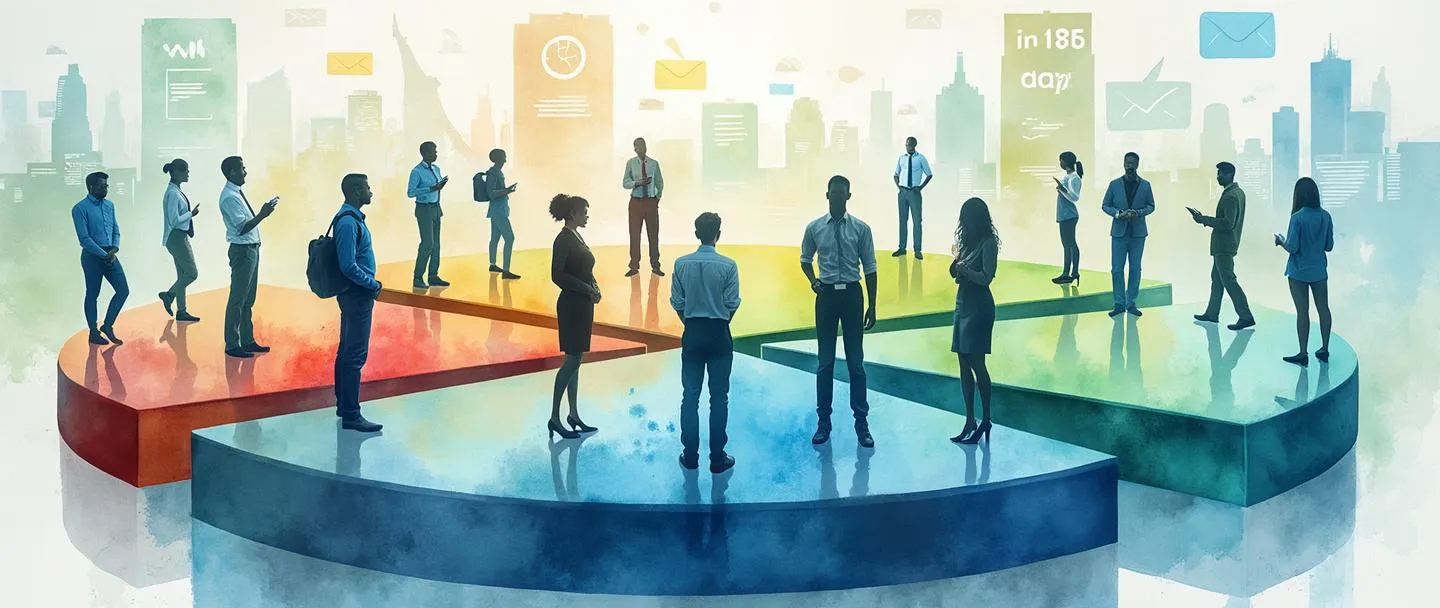 Uma pintura digital em aquarela de pessoas de negócios diversas em pé sobre diferentes segmentos de um gráfico de pizza, com alguns segmentos maiores que outros. Um cenário de mercado mostra vários logotipos de empresas e percentuais de participação de mercado. Composição simples com azuis e verdes vibrantes, transmitindo o conceito de representação de mercado.