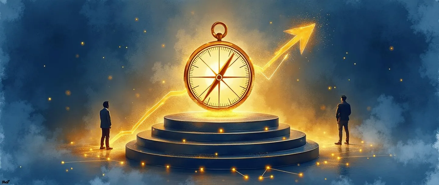Uma pintura digital em aquarela de um logotipo de marca irradiando luz dourada, posicionado em um pódio. Uma bússola aponta para ele enquanto uma linha de gráfico ascende atrás. Uma silhueta de aperto de mãos aparece abaixo, conectando-se a uma pequena rede de nós brilhantes. Composição simples com ricos tons de azul e dourados quentes, transmitindo valor estratégico da marca.