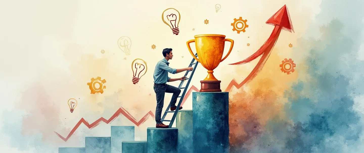 Uma pintura digital em aquarela de uma pessoa subindo uma escada em direção a um troféu, com um gráfico ascendente ao fundo. Engrenagens e lâmpadas flutuam ao redor dela, simbolizando ideias e produtividade. Composição simples com cores vibrantes transmitindo motivação e conquista.