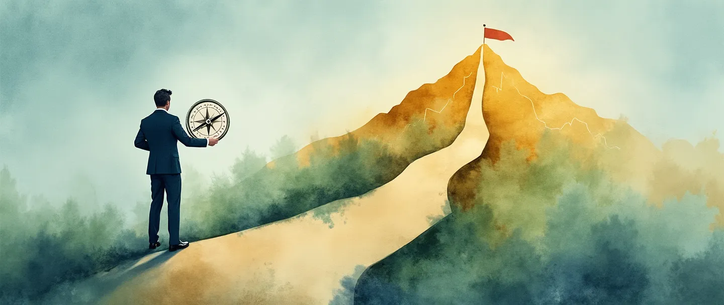 Uma pintura digital em aquarela de uma pessoa em traje de negócios em pé em uma encruzilhada, com uma bússola em uma mão e gráficos financeiros subindo na outra. Um caminho leva em direção a uma montanha dourada com uma bandeira no topo. Composição simples com tons suaves de azul e verde contrastando com destaques dourados. Tema de direção financeira.