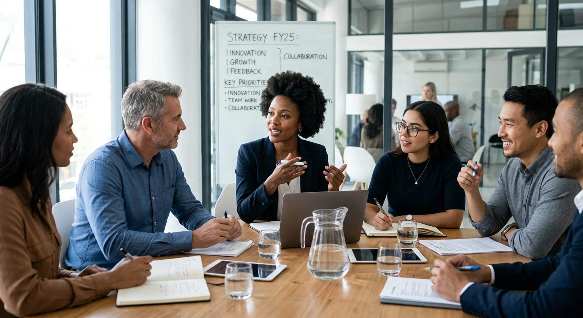 Dinâmica de liderança: 5 sugestões de atividades para desenvolver líderes eficazes Fotografia editorial ultra-realista de equipe diversa em workshop de liderança, colaborando ao redor de mesa de conferência, momento autêntico capturado com luz natural, foco nítido e detalhes cristalinos em alta resolução.