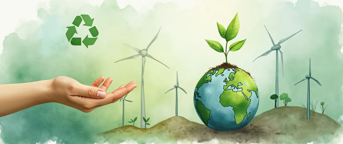 Uma pintura digital em aquarela de uma muda verde crescendo a partir de um globo terrestre, cercada por símbolos de reciclagem. Uma mão protege gentilmente a planta, enquanto painéis solares e turbinas eólicas aparecem no fundo. Composição simples com tons terrosos, transmitindo planejamento de responsabilidade ambiental.