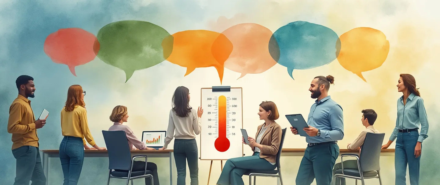 Uma pintura digital em aquarela de trabalhadores de escritório diversos com balões de fala de diferentes cores flutuando acima deles, conectando-se para formar um termômetro ou barômetro maior. Uma prancheta com um gráfico de barras simples está próxima. Atmosfera calorosa e inclusiva com tons suaves de azul e verde representando a harmonia no ambiente de trabalho.