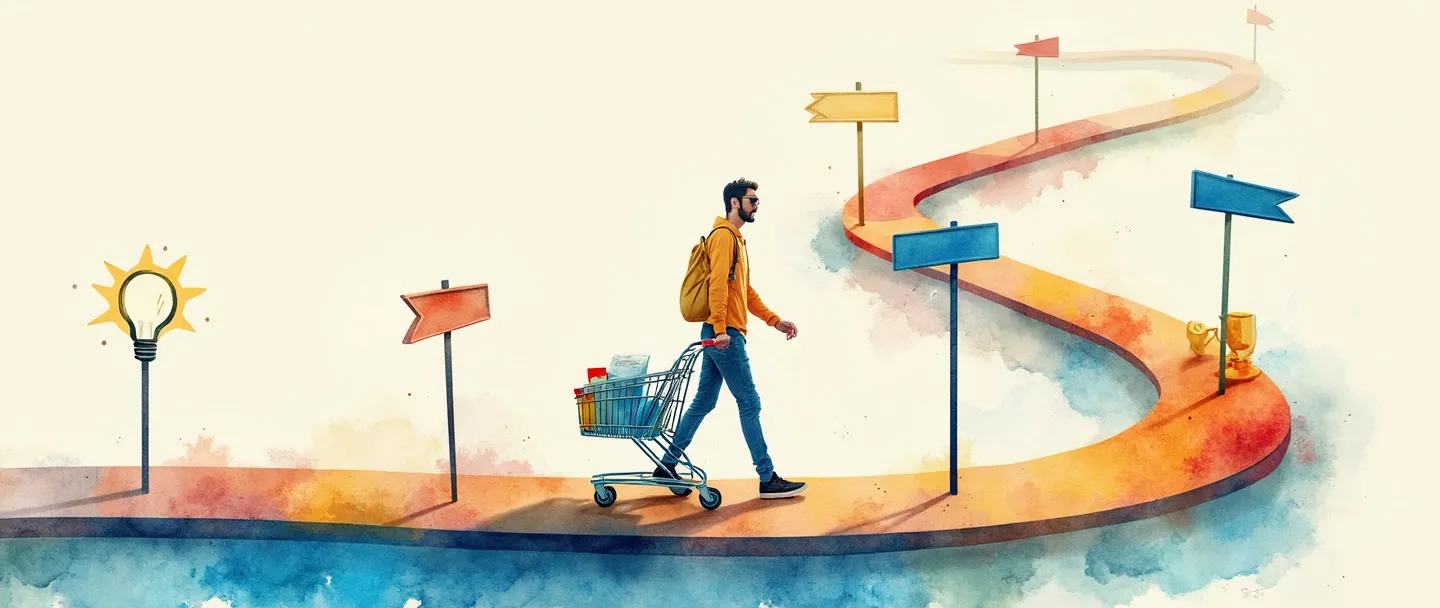 Uma pintura digital em aquarela de uma pessoa caminhando por um caminho curvo com um carrinho de compras, passando por estágios distintos marcados por placas. O caminho começa com uma lâmpada (conscientização), continua através de uma lupa (consideração), leva a um aperto de mãos (decisão) e termina em uma sacola de compras com um troféu (compra). Composição simples com cores vibrantes contra um fundo limpo.