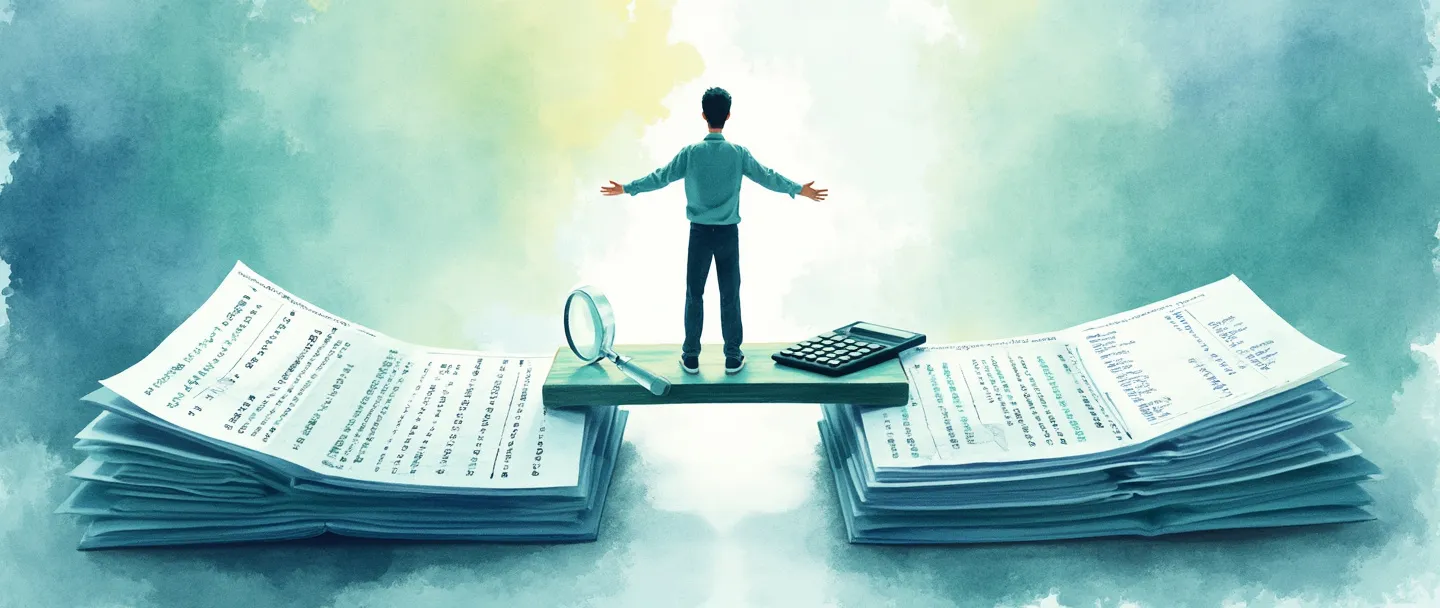 Uma pintura digital em aquarela de uma pessoa se equilibrando em uma ponte entre dois livros contábeis, reconciliando números. De um lado, mostra um extrato bancário com números organizados, do outro, um registro empresarial. Uma calculadora e uma lupa flutuam nas proximidades. Composição simples com tons de azul e verde, transmitindo harmonia financeira e precisão.