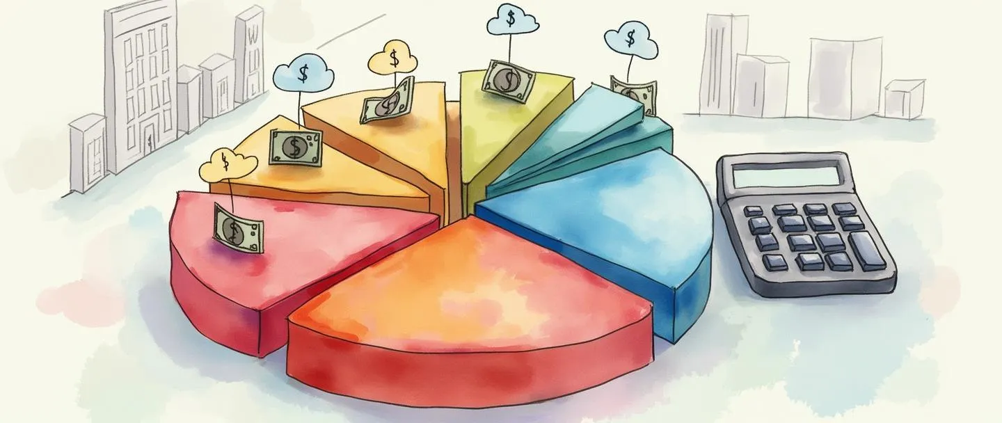 Uma pintura digital em aquarela de um gráfico de pizza dividido em seções coloridas, com pequenos ícones de departamentos dentro de cada fatia. Símbolos de dinheiro fluem de uma carteira central para diferentes seções. Uma calculadora está próxima com um contorno simples de um edifício mostrando diferentes andares. Limpo, organizado, com cores pastéis suaves.