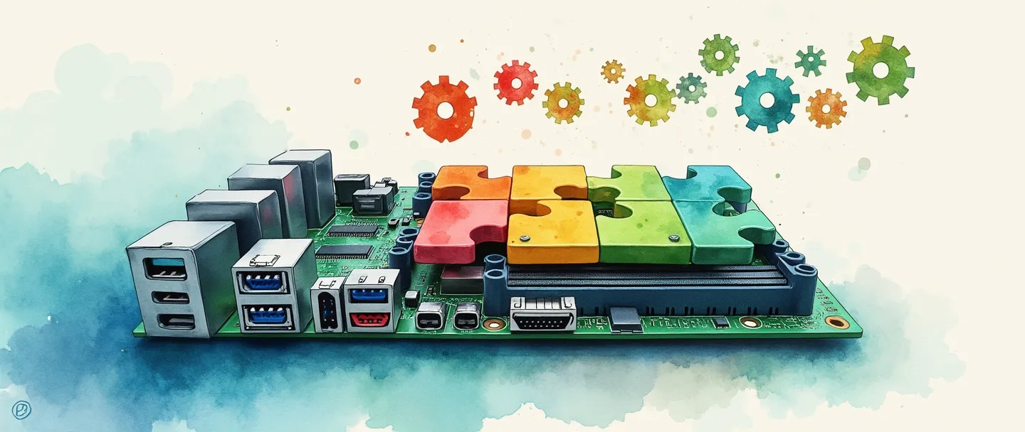 Uma pintura digital em aquarela de uma placa-mãe de computador com slots de expansão, onde peças coloridas de quebra-cabeça estão sendo inseridas. Pequenas engrenagens flutuam acima, sugerindo crescimento de funcionalidade. Composição simples com vibrantes tons de azul e verde contra um fundo limpo.