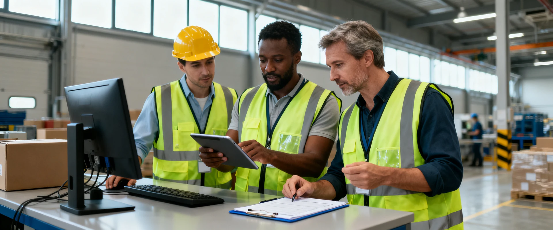 Fotografia editorial ultra-realista de equipe operacional diversa colaborando em armazém moderno, trabalhadores com coletes de segurança revisando tablet digital e checklist, momento autêntico capturado com luz natural, foco nítido e detalhes precisos em alta resolução.