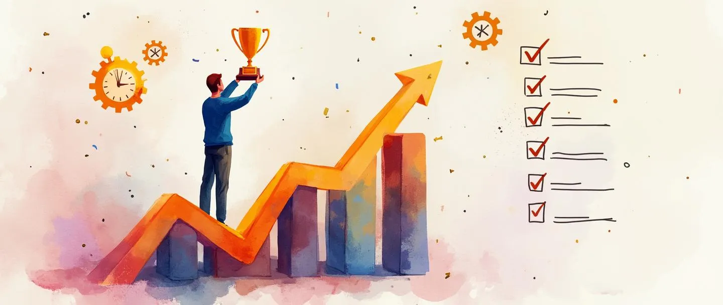 Uma pintura digital em aquarela de uma pessoa segurando um troféu enquanto está em pé sobre um gráfico de barras ascendente. Um relógio e engrenagens de produtividade flutuam acima, com tarefas concluídas sendo marcadas em uma lista de afazeres. Composição simples com cores vibrantes mostrando eficiência e conquista do funcionário.